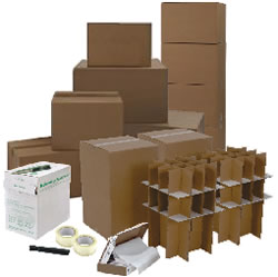 Kitchen Pack of dish boxes, various moving boxes, bubble wrap and other moving supplies for safely packing kitchenware.