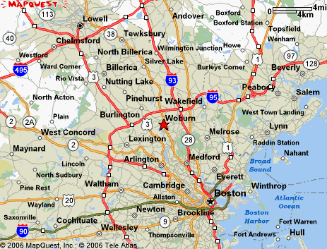 Woburn, MA map for delivery and courier service.